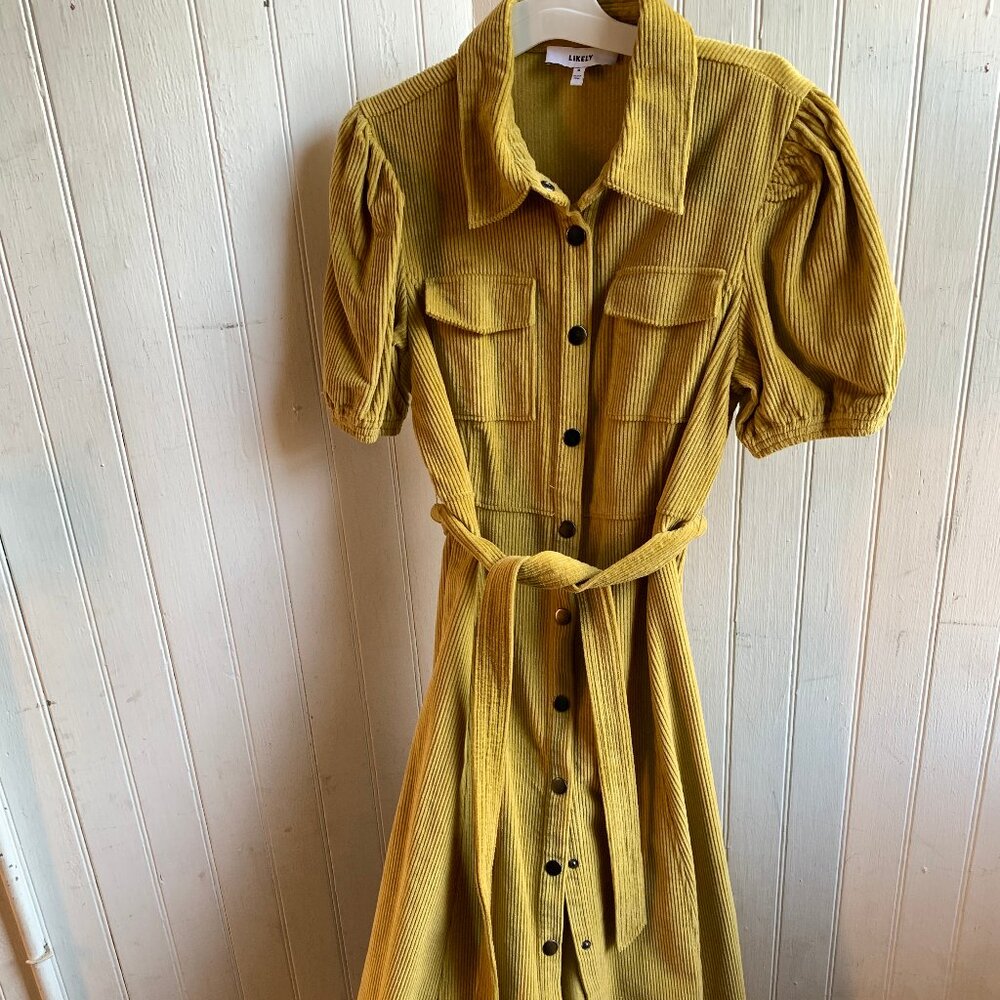 Likely Brand Linsley Yellow Corduroy Puff Sleeve Snap Front Belted Maxi Dress 8